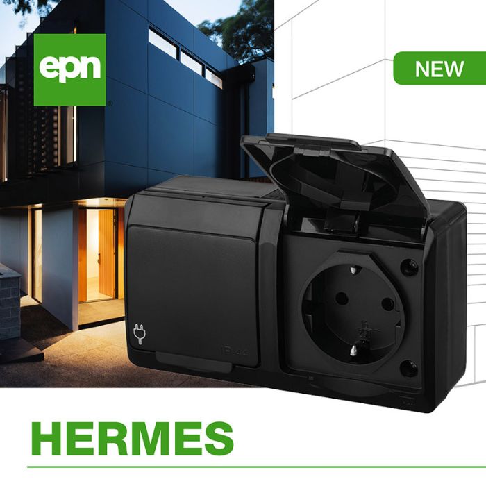 Подвійна розетка з заземленням та кришкою Elektro-Plast Hermes IP44 чорна